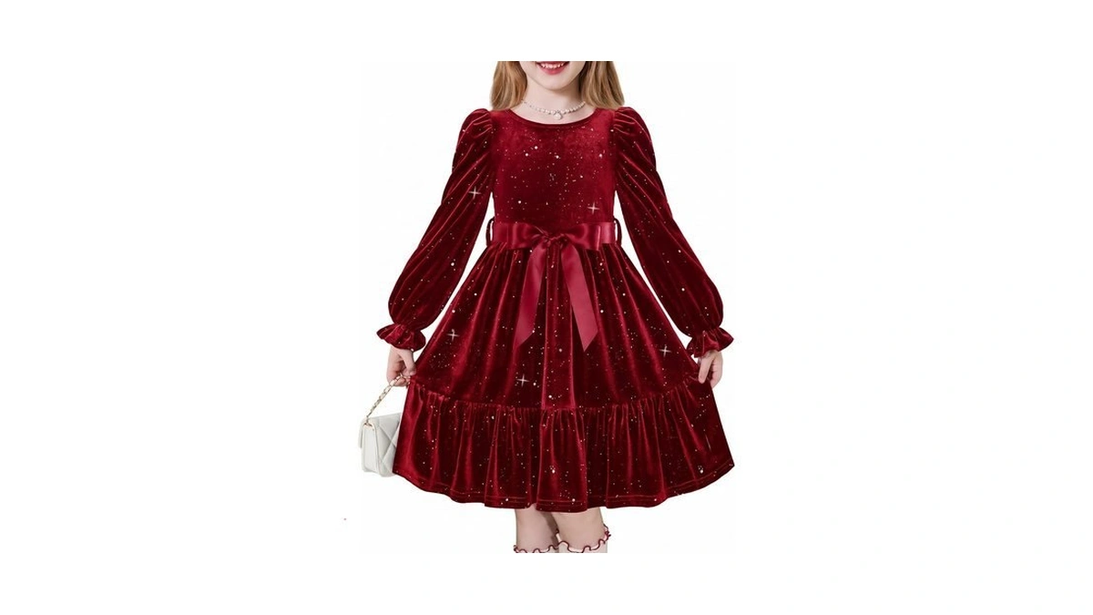 Arshiner Toddler Velvet Dress Girls Puff Long Sleeve Party Dress