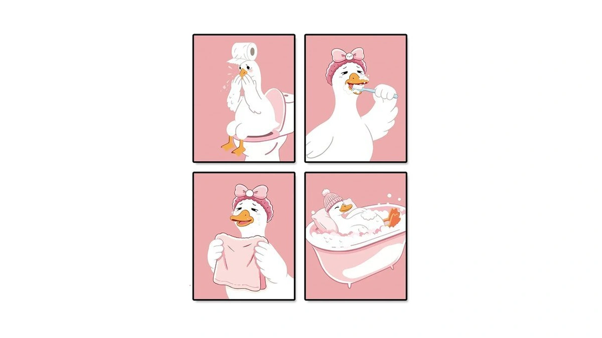 Pink Silly Duck Kids Bathroom Wall Art Decor Funny Goose