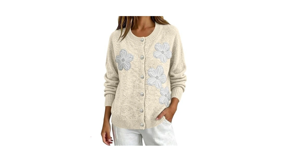 Womens Floral Sweater Cardigan Winter Crewneck Button Front Cute Cardigan