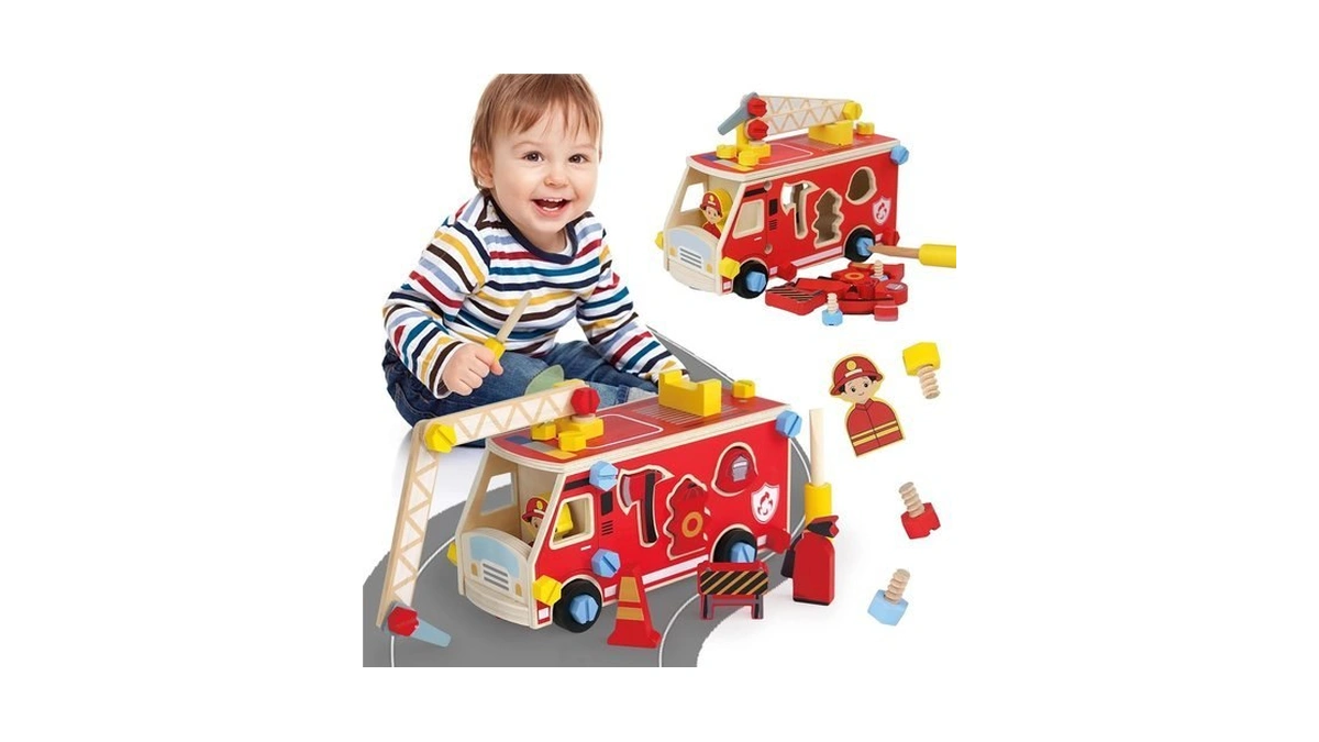 Loveland Wooden Fire Truck Take Apart Toy, Montessori Screw Building