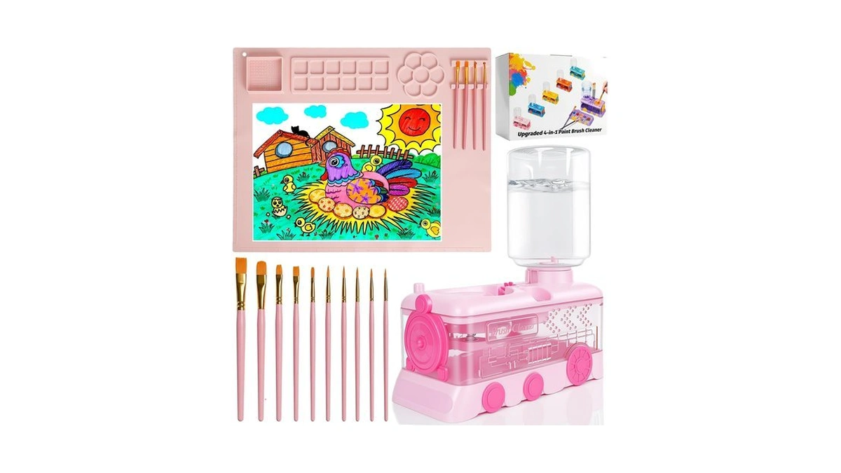 Paint Brush Cleaner, Painting Station With 10 Brushes, Washable Mat