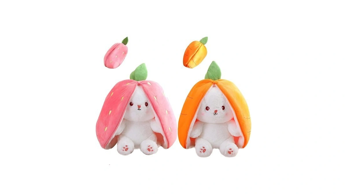 Mukorolee 2pcs Plush Toy Pillows: Reversible Carrot Strawberry Bunny With