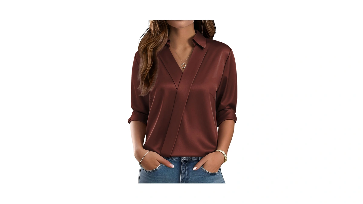 Lomon Women Long Sleeve Dressy V Neck Satin Blouses Trendy