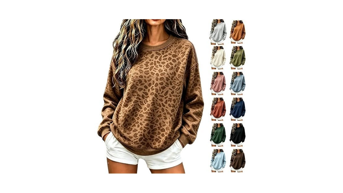 Womens Sweatshirt Leopard Relaxed Fit Crew Neck Casual Long Sleeve