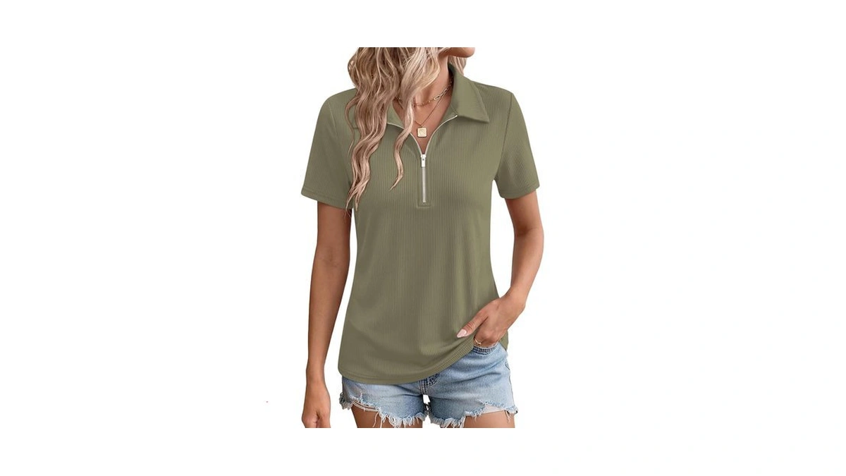 Elesomo Women's Tops V Neck Short Sleeve Zipper Shirts, Olive