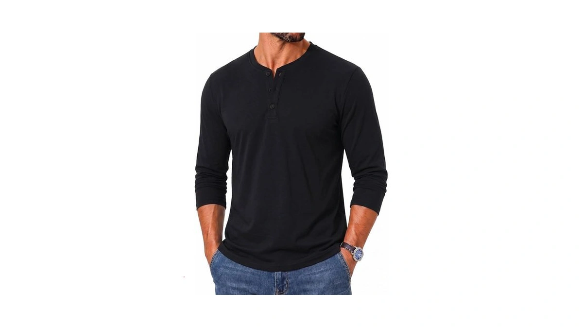 Asyjumpd Long Sleeve T Shirt Men 3‑button Stretch Pullover Black