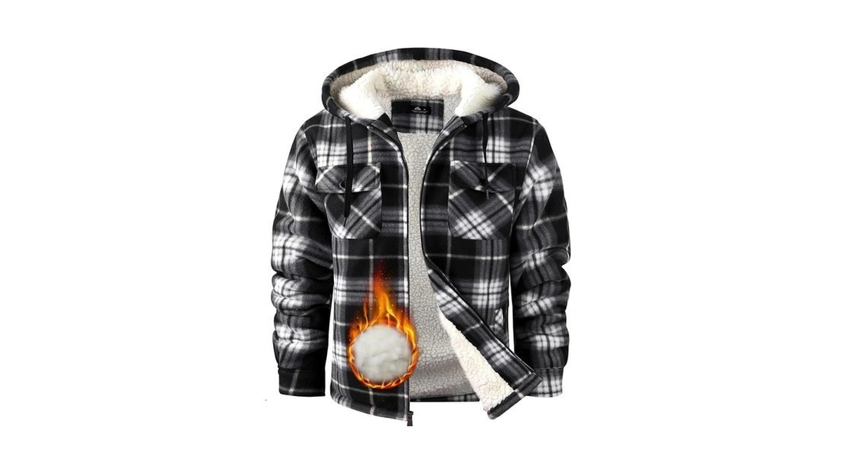 Wenttuo Mens Flannel Hoodie Sherpa Lined Jacket