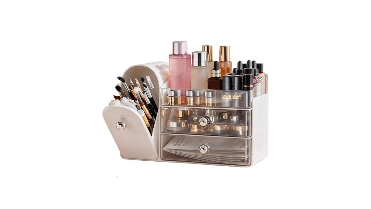 Luckywang Makeup Organizer With Makeup Brush Holder, 2 Drawer, White