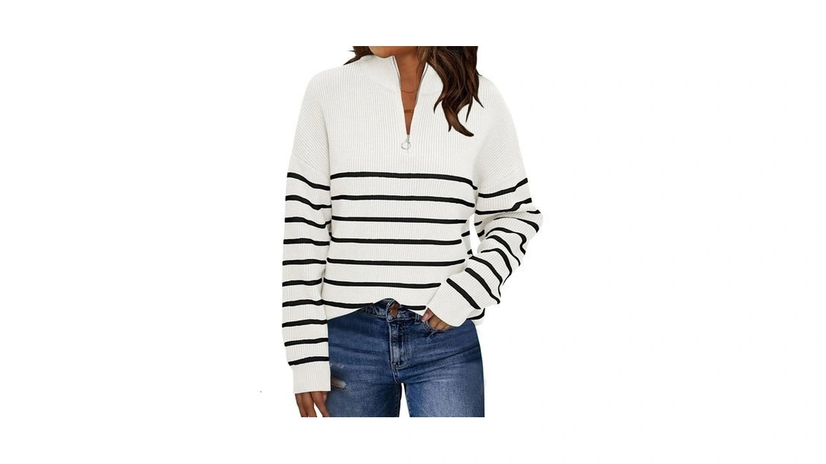Lillusory Womens Quarter Zip Striped Oversized Fall Sweater White-black M
