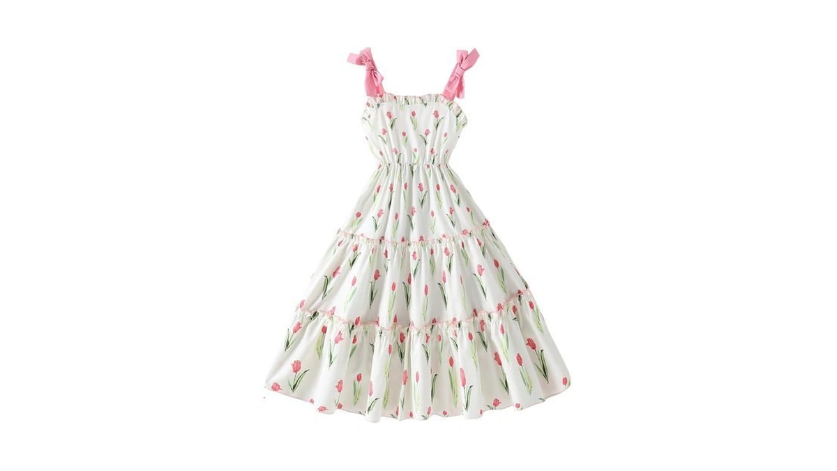 Verdusa Girl's Spring Dress Floral Print Ruffle Bow Flowy Tank
