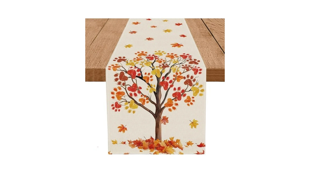 Qiong Meng Fall Table Runner Dog Paw Maple Leaf Seasonal
