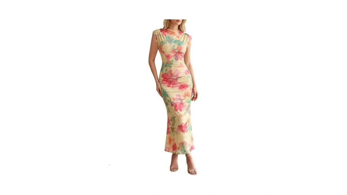 Milumia Women's Bodycon Ruched Floral Midi Dress Mesh Vacation Dresses