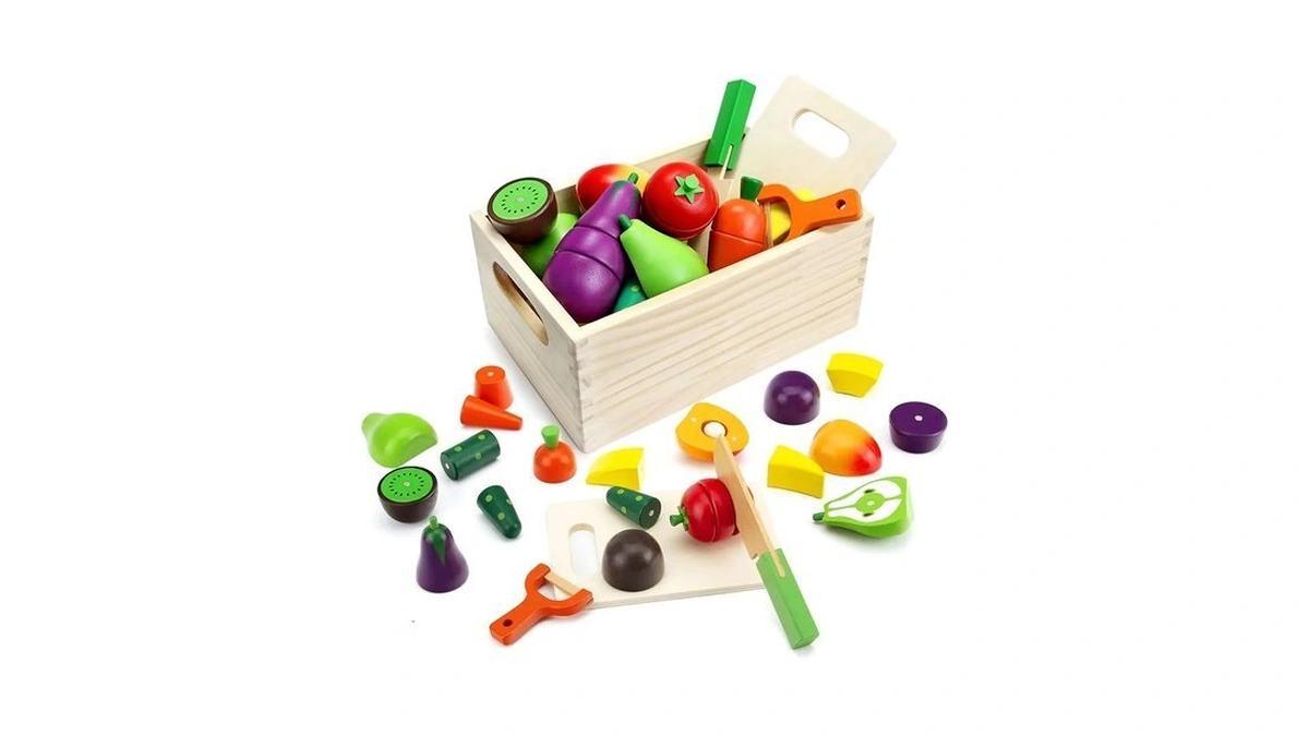 Wooden Play Food For Kids Kitchen, Fruit & Veggies Cutting