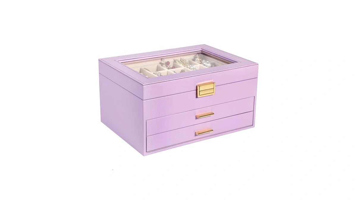 Voova 3-layer Pu Leather Jewelry Box With Glass Lid, Lavender