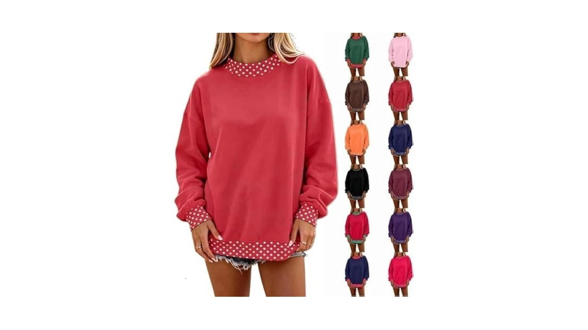 Polka Dot Mock Neck Sweatshirt Women Fleece Crew Neck Polka