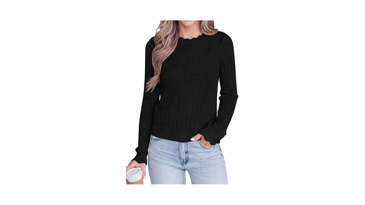 Kirundo Women's Fall Scalloped Lightweight Cute Knit Sweater(black, M)