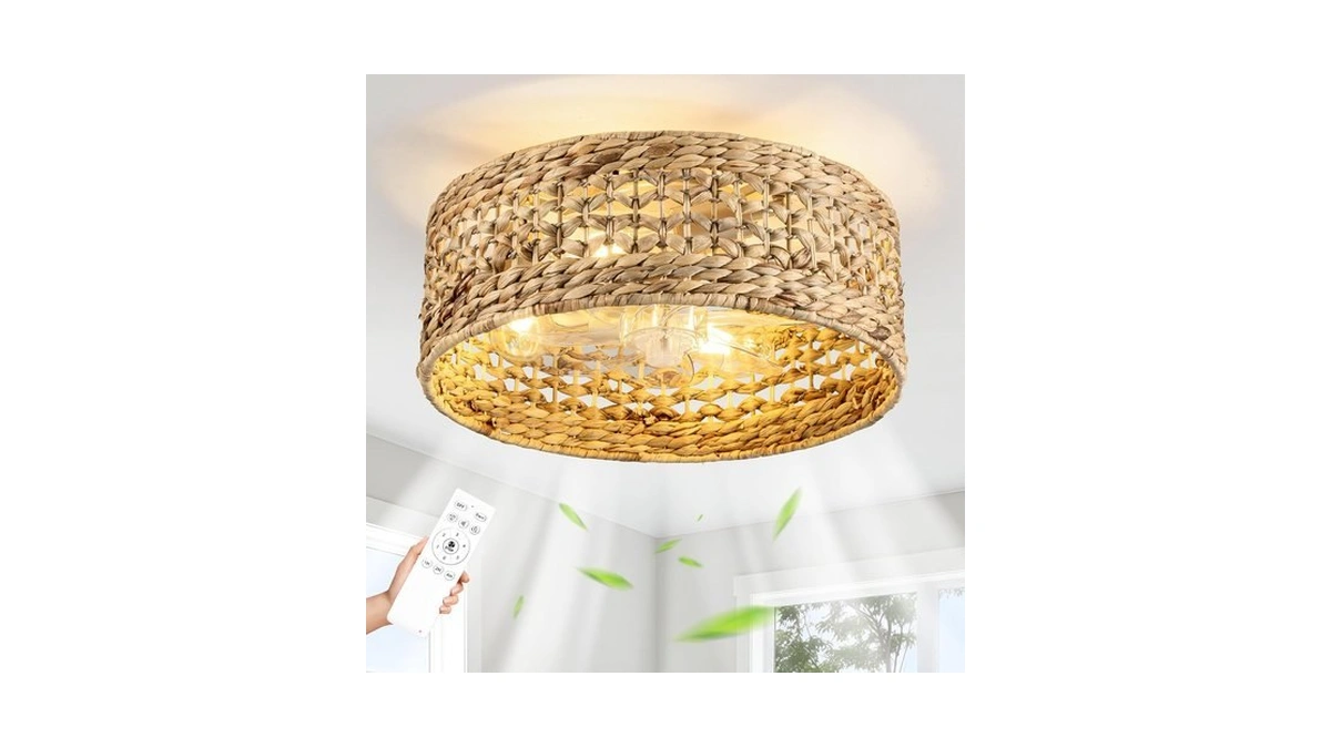 Handwoven Boho Ceiling Fan With Lightrattan C...