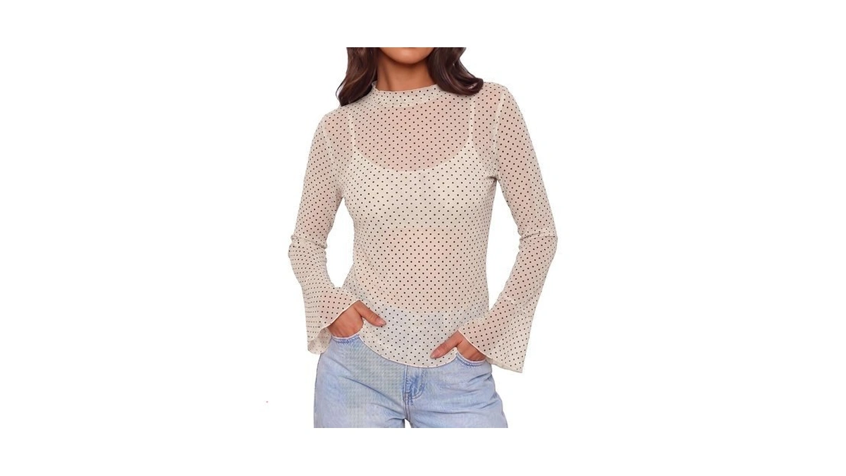Womens Mesh Polka Dot Tops Ruffle Bell Long Sleeve T
