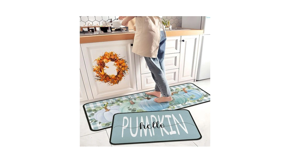 Buffalo Plaid Watercolor Blue Pumpkin Fall Kitchen Rugs Set Of