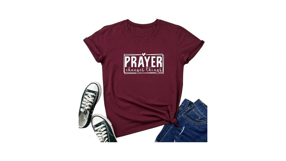 Lookface Women Crewneck Prayer Graphic Soft Cute T-shirts Wine Red
