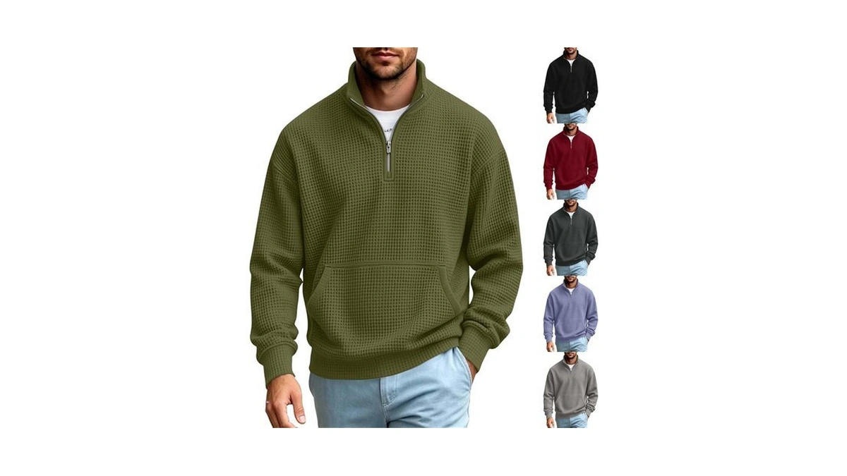 Terghtp Mens Quarter Zip Pullover Waffle Knit Mock Neck Casual