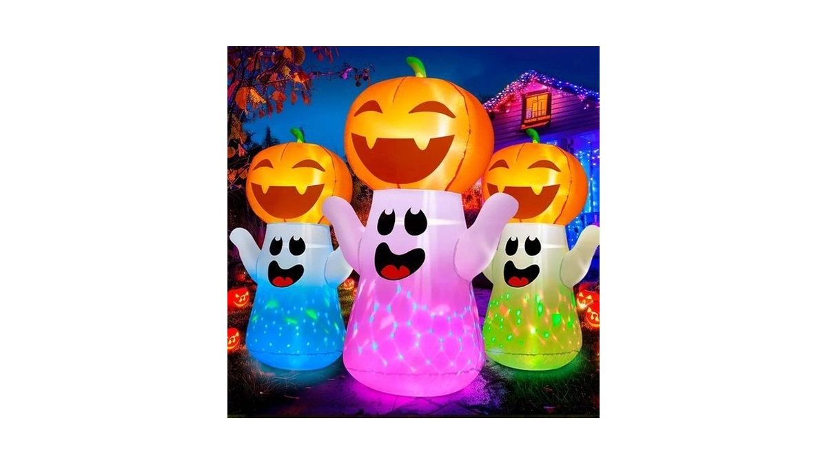 Zukakii 5ft Halloween Inflatables Pumpkin Ghost Built-in 3-pattern Colorful Flashing