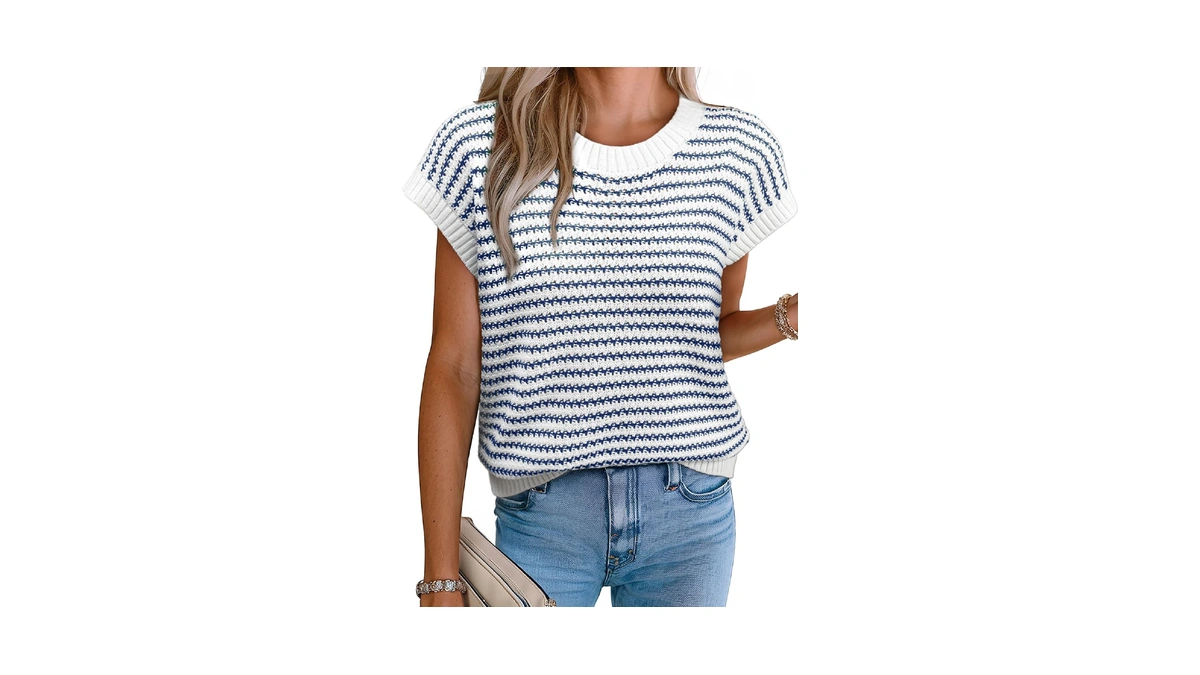 Evaless Women's 2024 Sleeveless Round Neck Striped Sweater Vest Cap