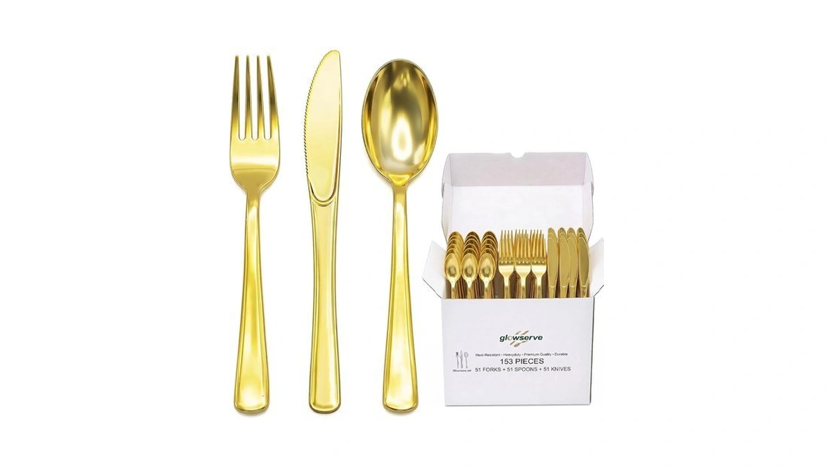 Glowserve 153 Pack Gold Disposable Plastic Silverware Set Cutlery Set