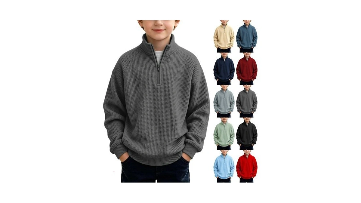 Boys Waffle Knit Quarter Zip Sweatshirts Fashion Long Sleeve Pullover