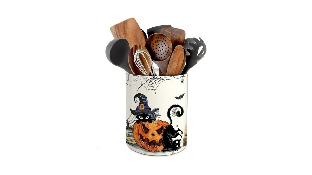 Pinata Halloween Kitchen Decor, Ceramic Halloween Cat Utensil Holder