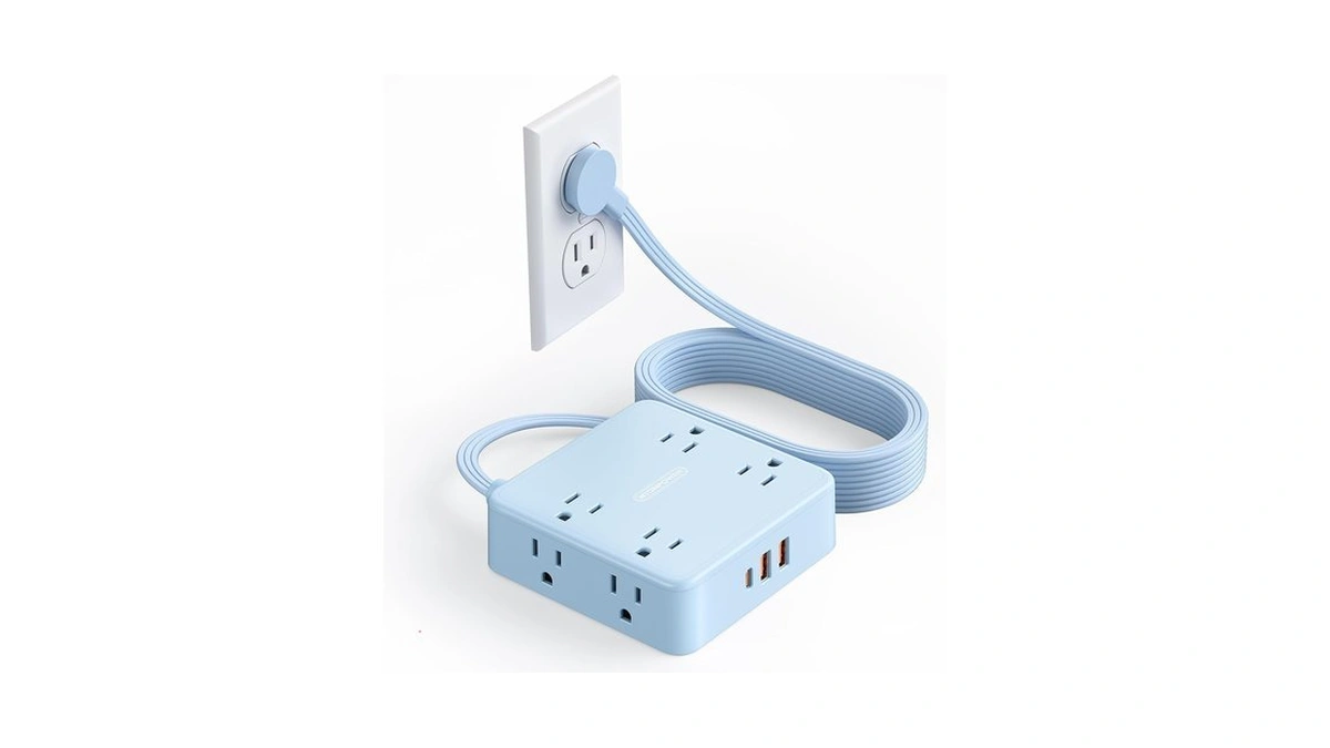5 Ft Blue Extension Cord, Power Strip With 8 Outlets