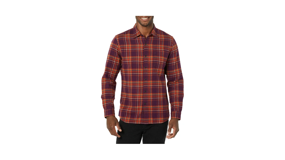 Amazon Essentials Men's Slim-fit Long-sleeve Flannel Shirt, Burgundy Orange Plaid,