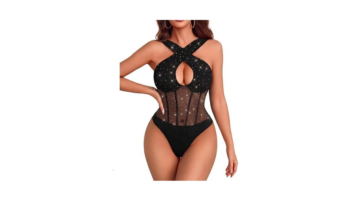 Avidlove Women's Sequin Mesh Bodysuit Criss Cross Cutout Lingerie Black