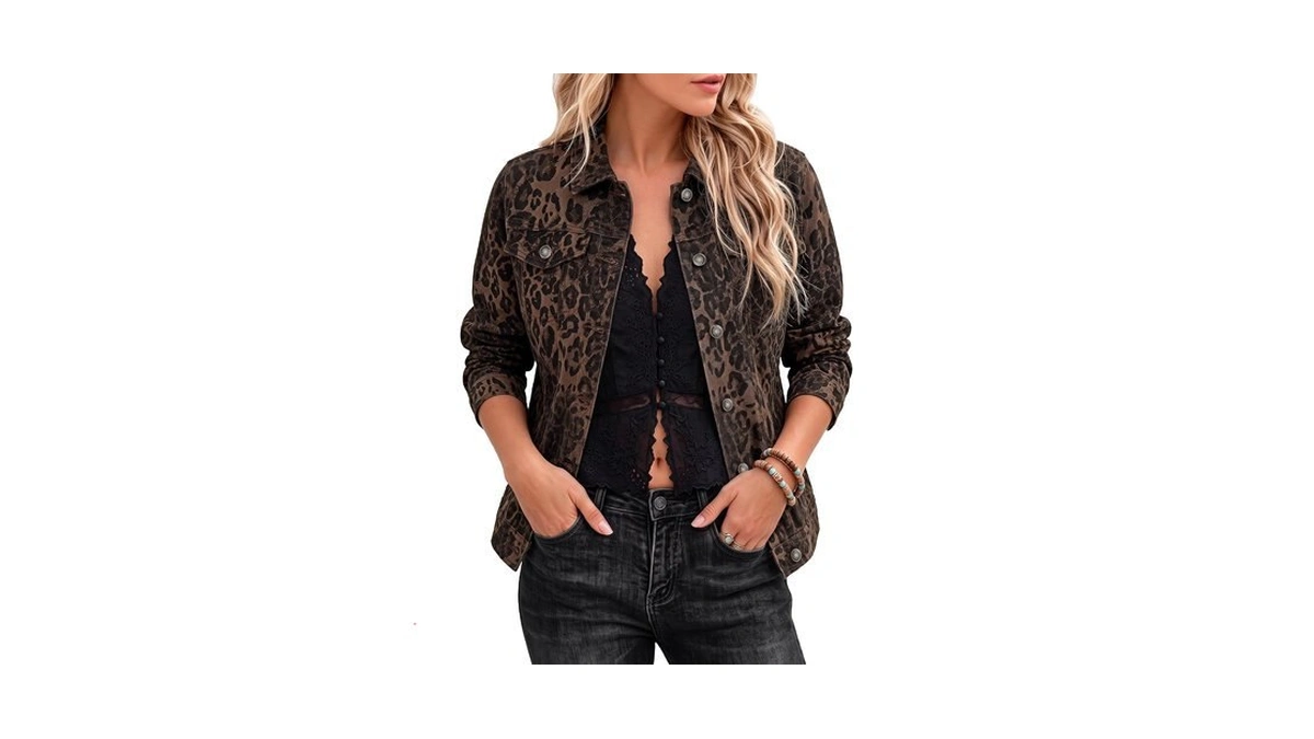 Luvamia Brown Leopard Jean Jacket Fall Stretch Women's Denim Trucker