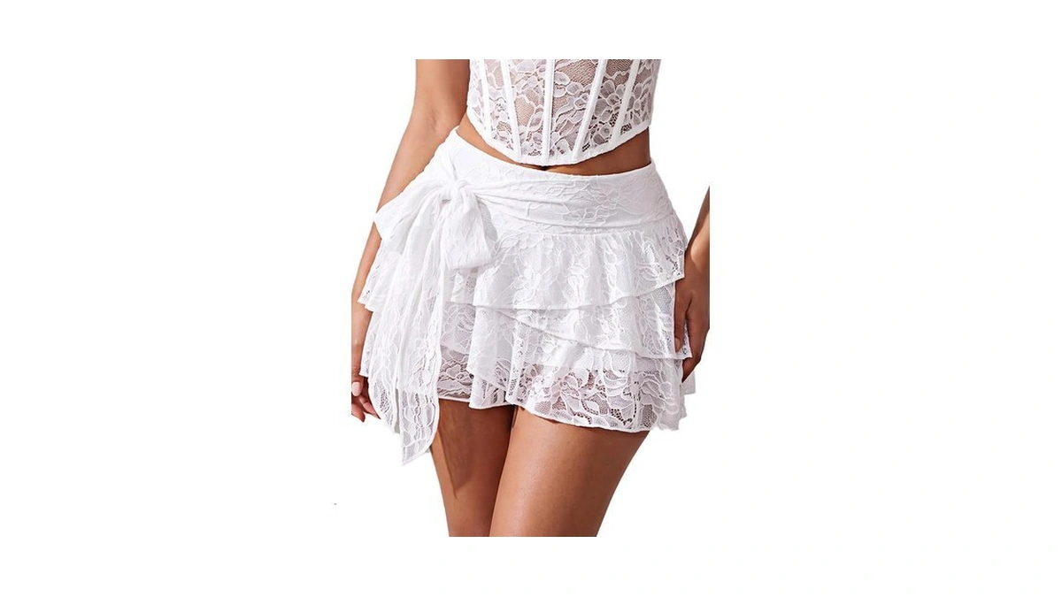 Women White Ruffle Skirt Lace Skirt With Shorts Micro Cute