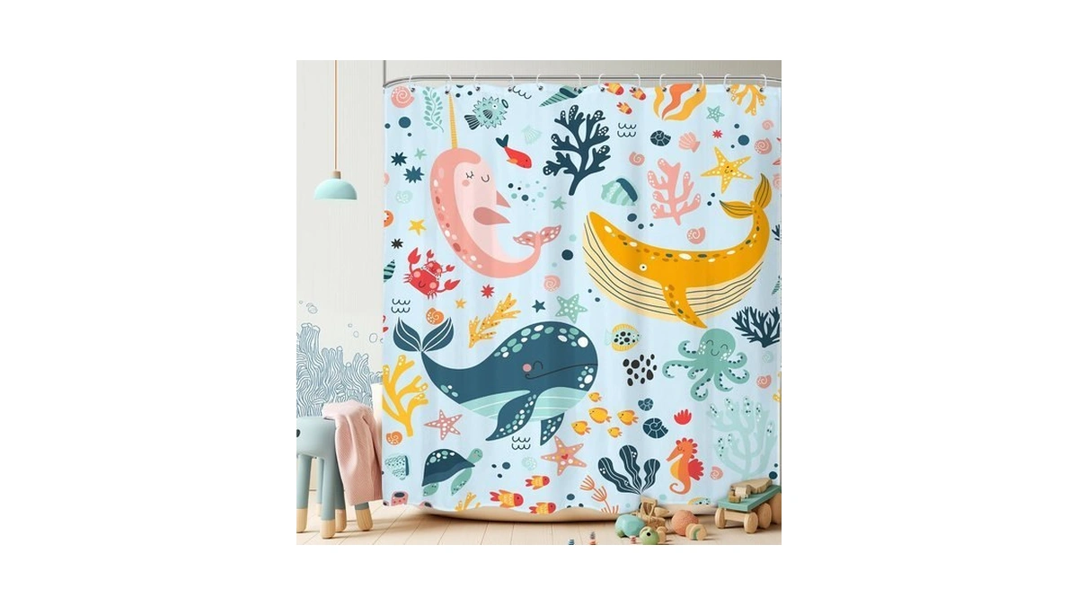Kids Whale Blue Funny Fish Underwater Ocean Bathroom Shower Curtain