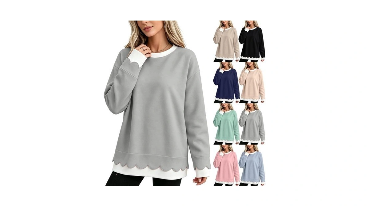 Womens Oversized Crewneck Sweatshirt Scalloped Peplum Sweatshirt Trendy