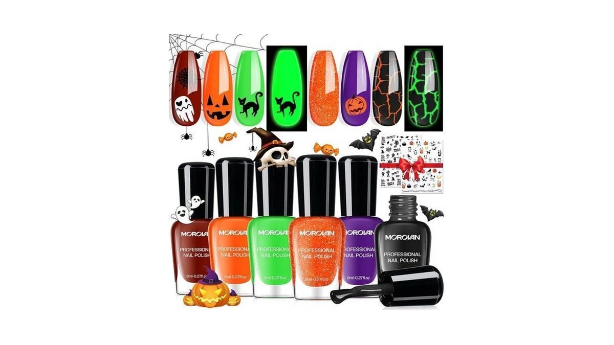 Morovan Halloween Nail Polish Set: Black Crackle Pumpkin Orange Glow