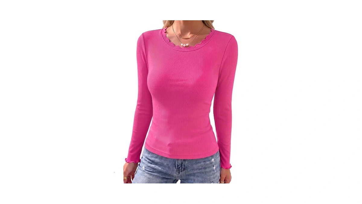 Long Sleeve Crew Neck Ribbed Knit Shirts Women Slim Fitted