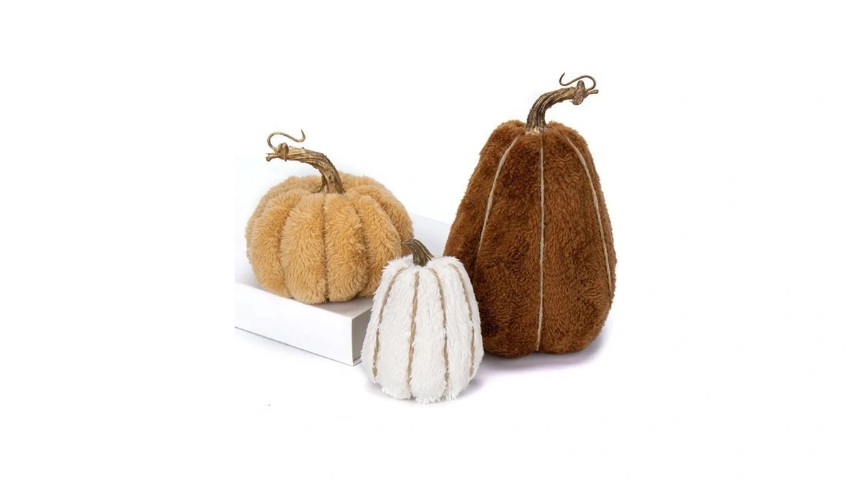 Dilatata 3 Pcs Assorted Faux Sherpa Pumpkins Small Fabric Pumpkins