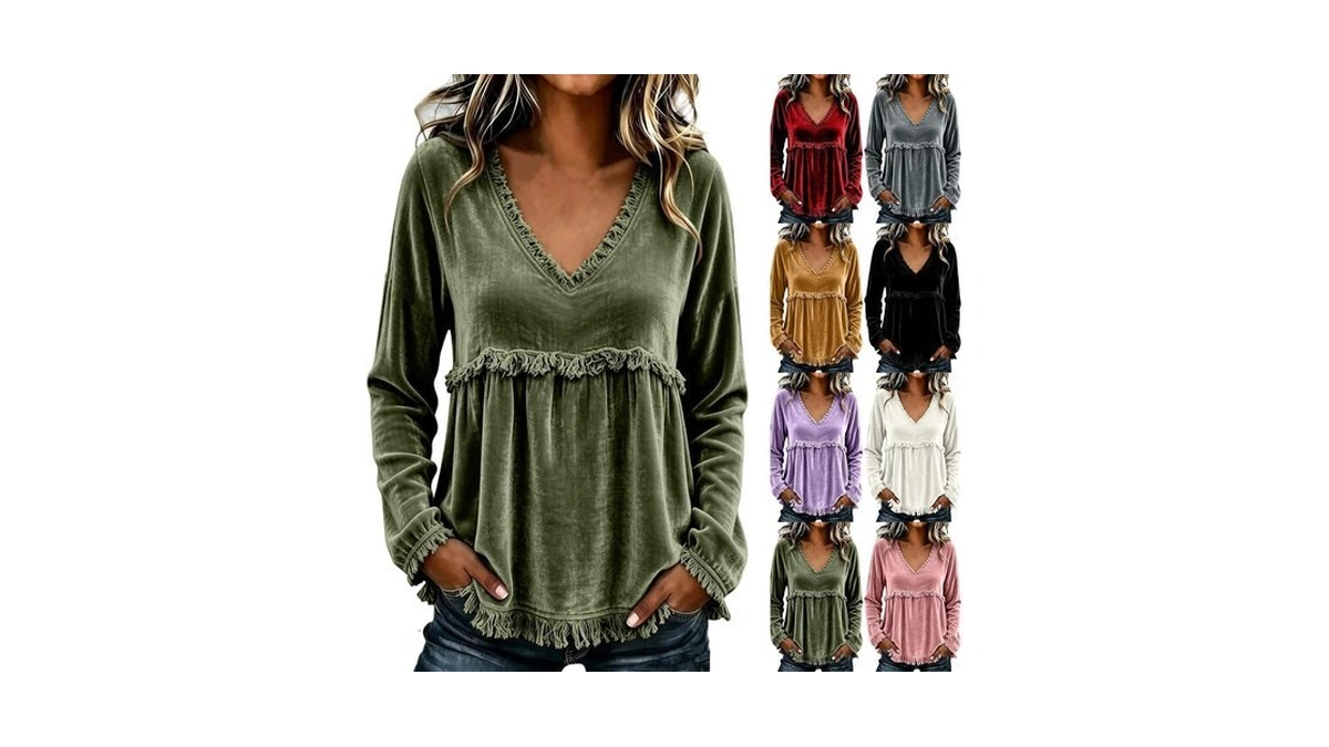 Women Velvet Top Long Sleeve V Neck Frayed Detail Peplum