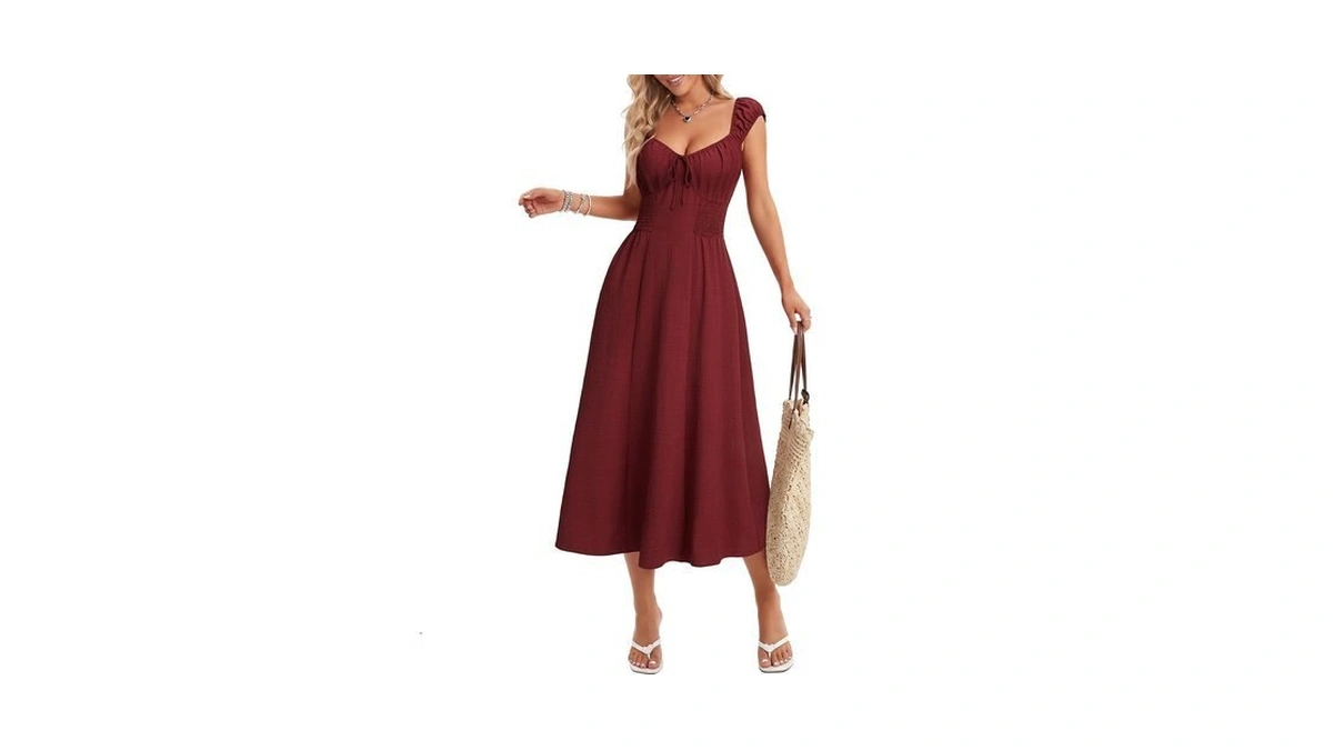 Vrtige Women's Sleeveless Smocked Flowy Casual Long Dress Wine Red