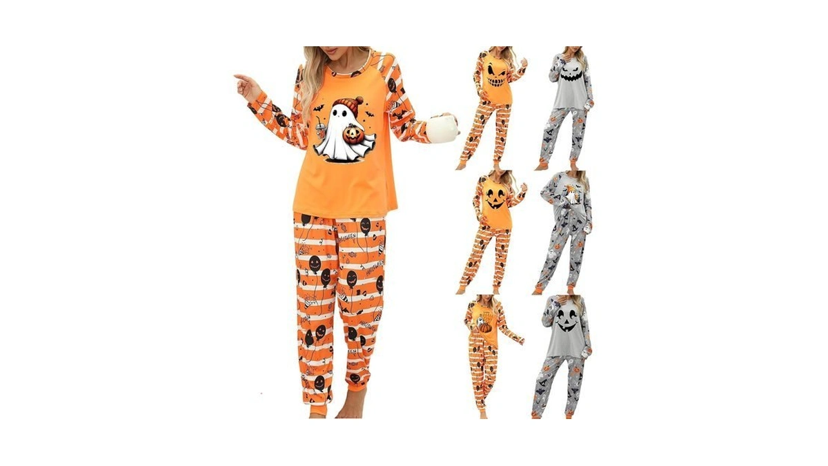 Funnyrap Women Halloween Pajama Sets Pumpkin 2 Piece Sleepwear Beige