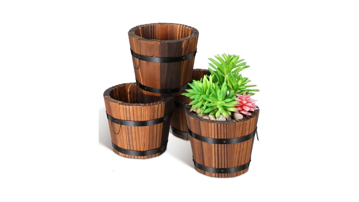 Besportble Rustic Wood Barrel Planter 4 Pack Small Flower Pot