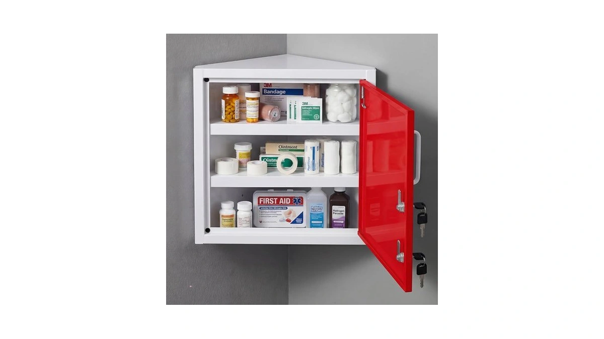 Zonon Corner Wall Cabinet With Lock, Red, 7.5 X 16.7