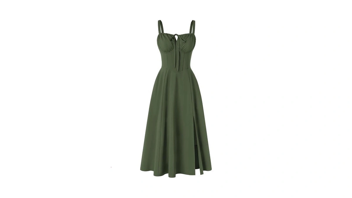 Women 2026 Corset Dress Milkmaid Slit Midi Sundress Olive Green