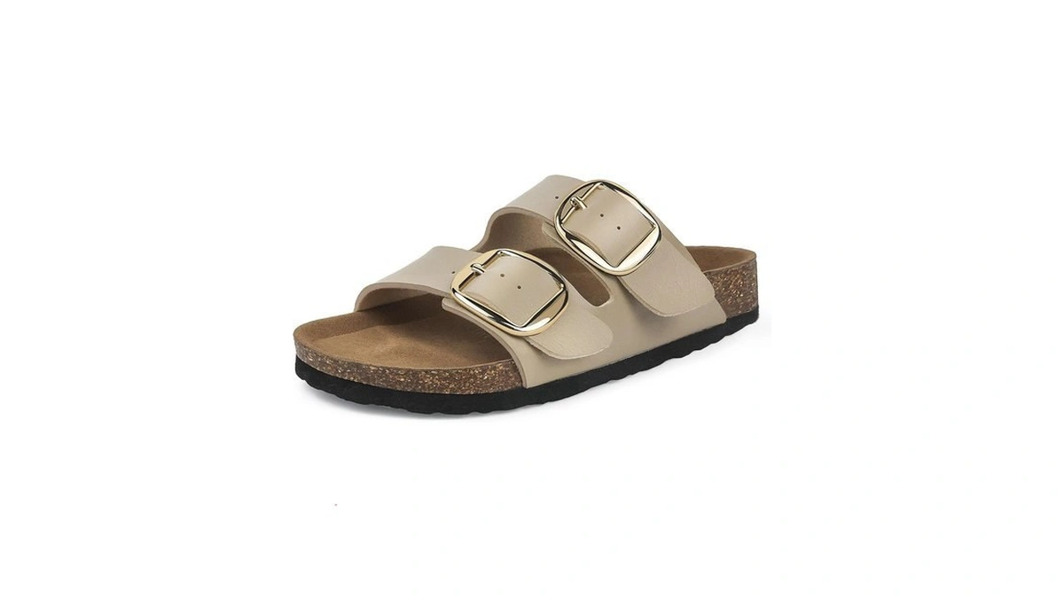 Sweechee Women's Cork Footbed Sandals, Double Buckle Slides, Taupe, Us