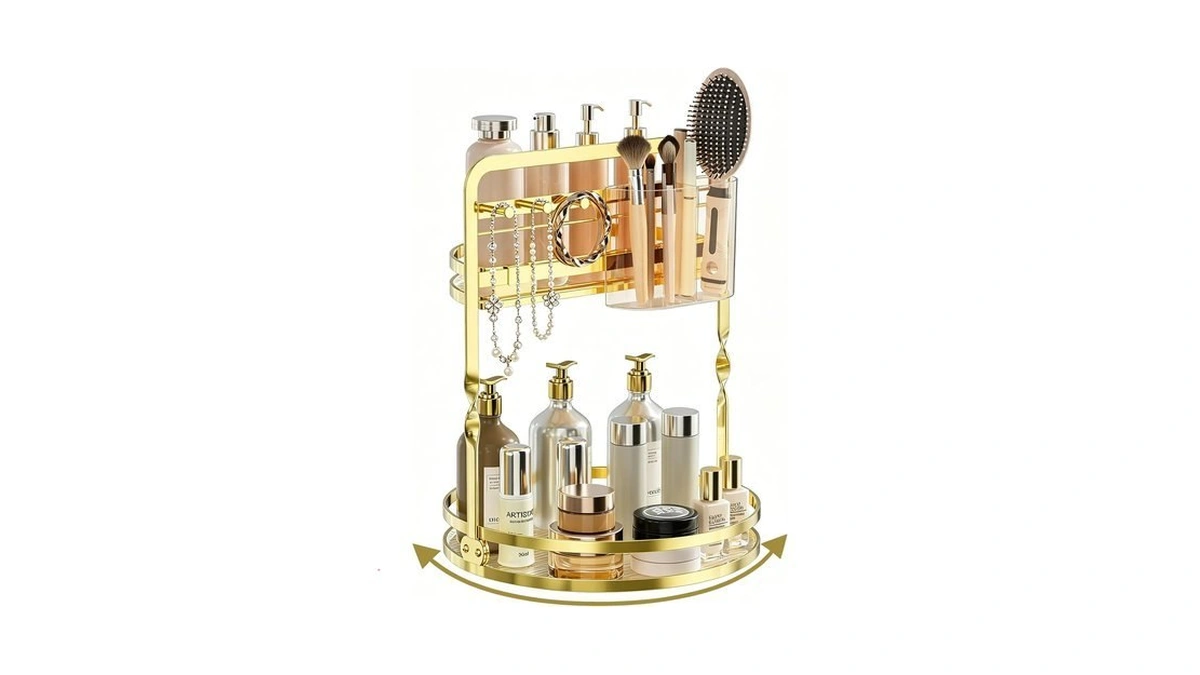 Duanfee 360° Rotating Makeup Organizer For Vanity, Gold Bathroom Organizer