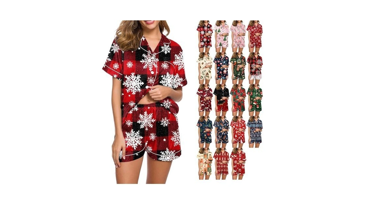 Yncszec Womens Christmas Pajama Sets Button Down Short Sleeve Shorts
