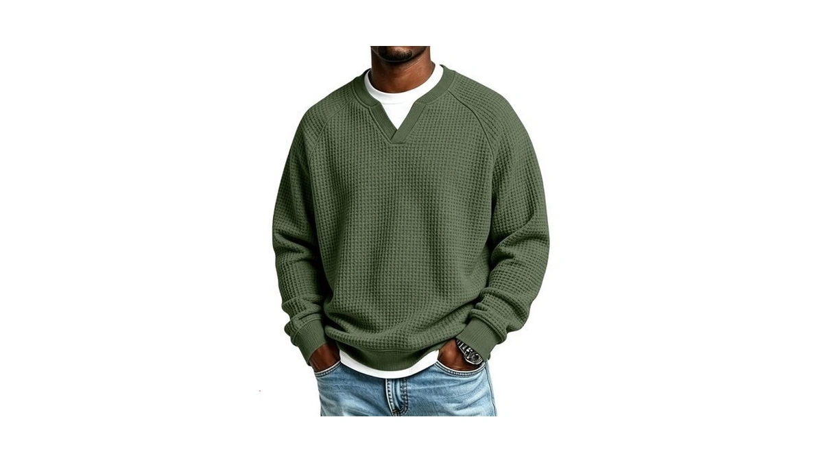 Waffle Knit Long Sleeve Men Shirts Textured V Neck Plus